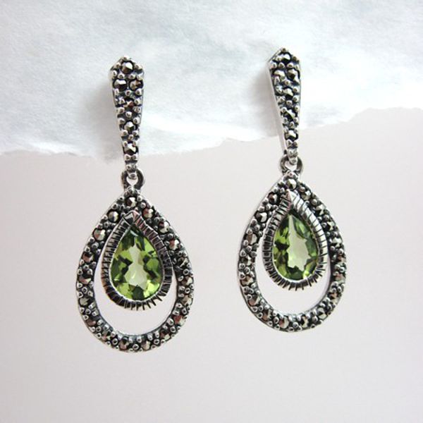Peridot Teardrop and Marcasite Earrings - Click Image to Close